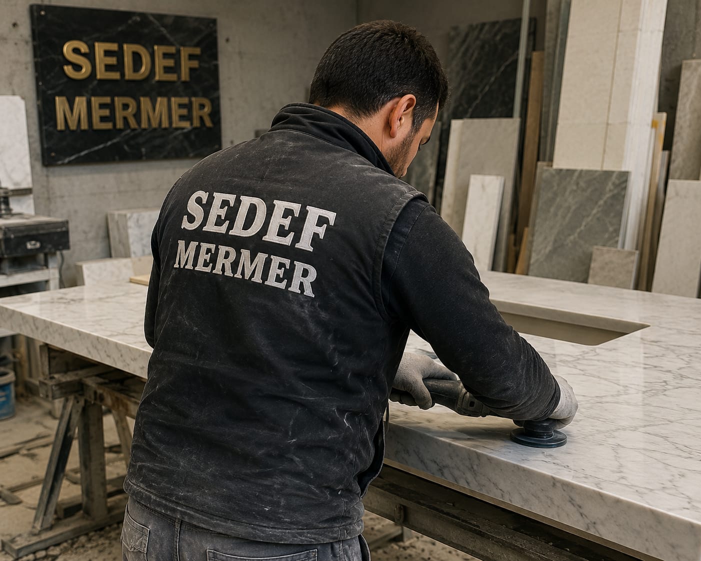 Sedef Mermer ve Granit ustası mermer tezgah cilalıyor